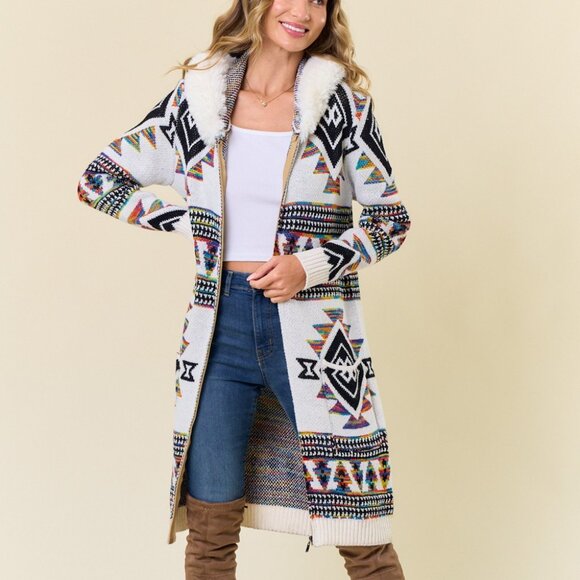 ON BLUE Rainbow Aztec Print Zip-Up Cardigan: Faux Fur Lined Hooded Cardigan Coat - Picture 2 of 15